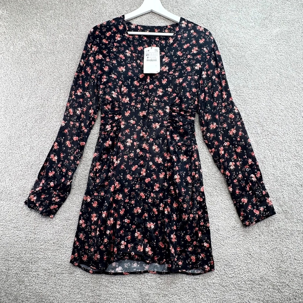 Zara Mini Dress Womens XS Black Satin Rose Floral  Whimsy Cocktail‎ Cottage NWT